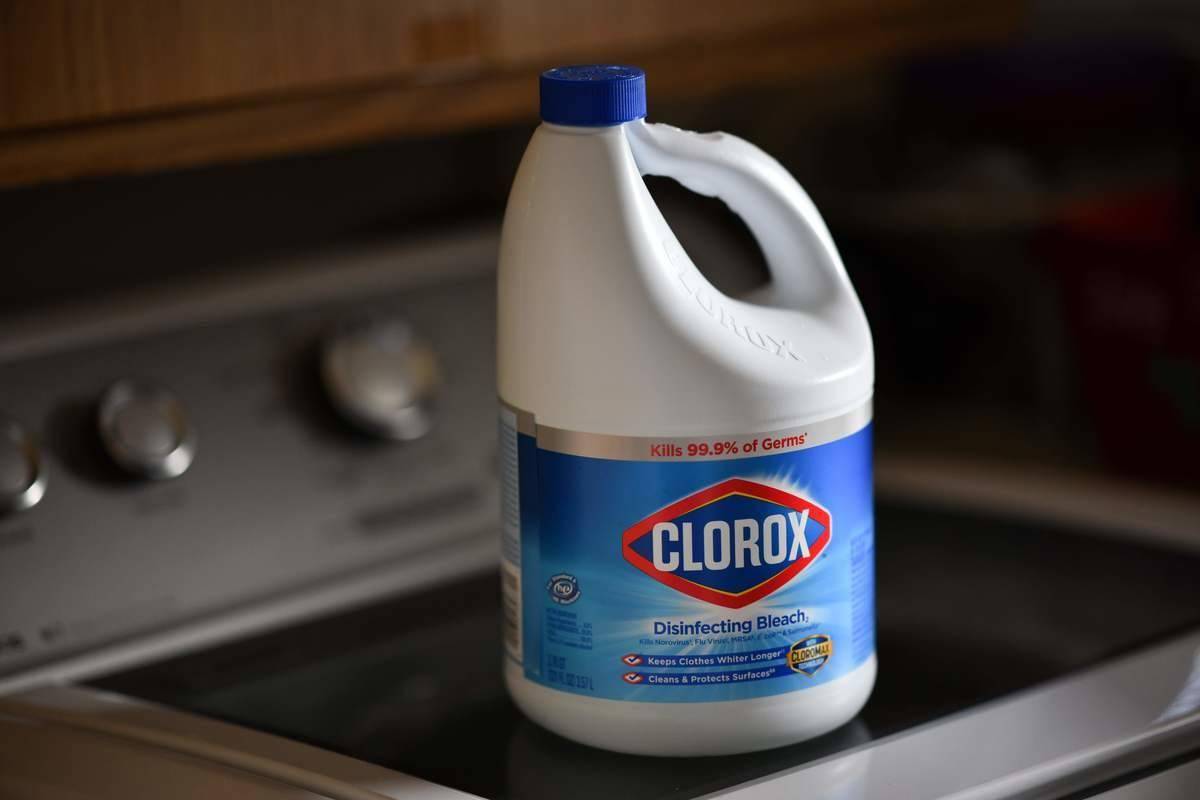 A container of Clorox bleach sits on a counter.