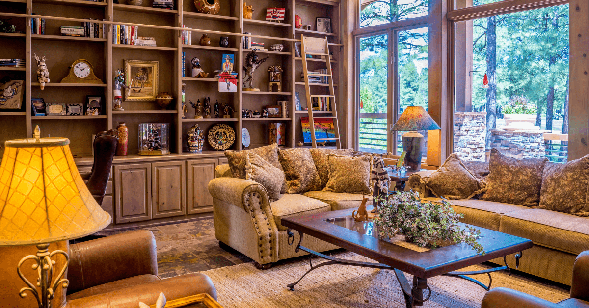 Living room with a large bookcase.