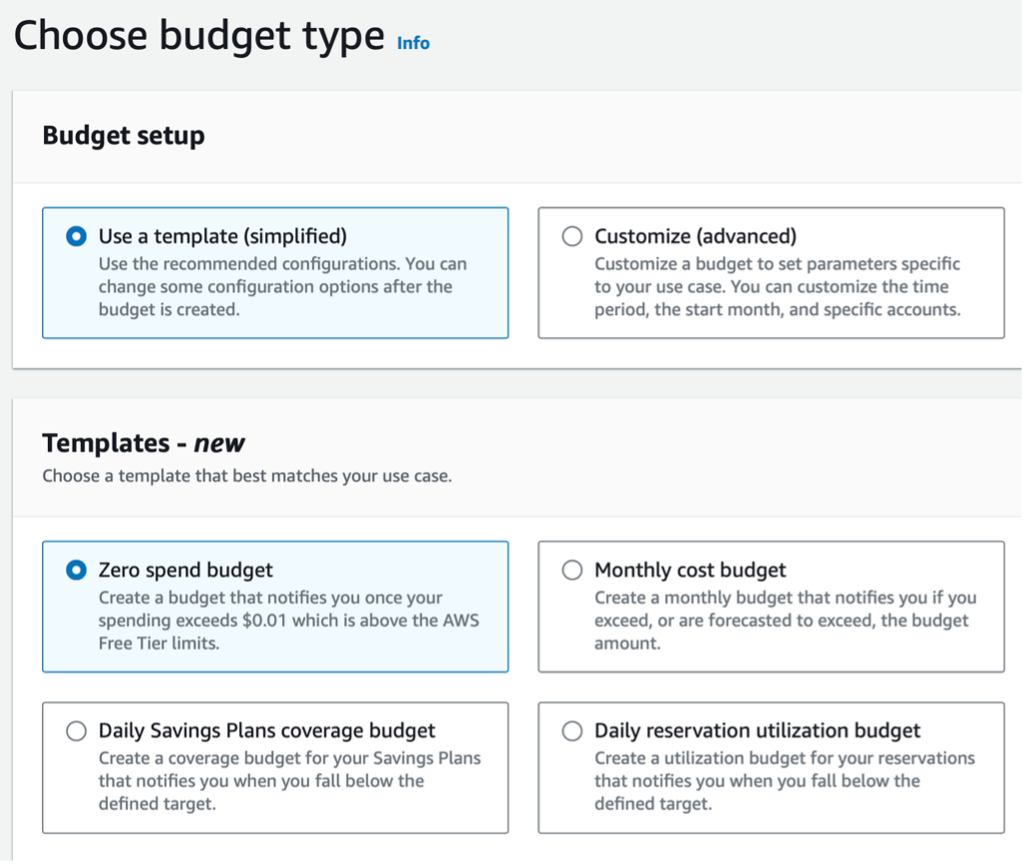 Choose budget type menu with Use a template and Zero spend budget both selected.