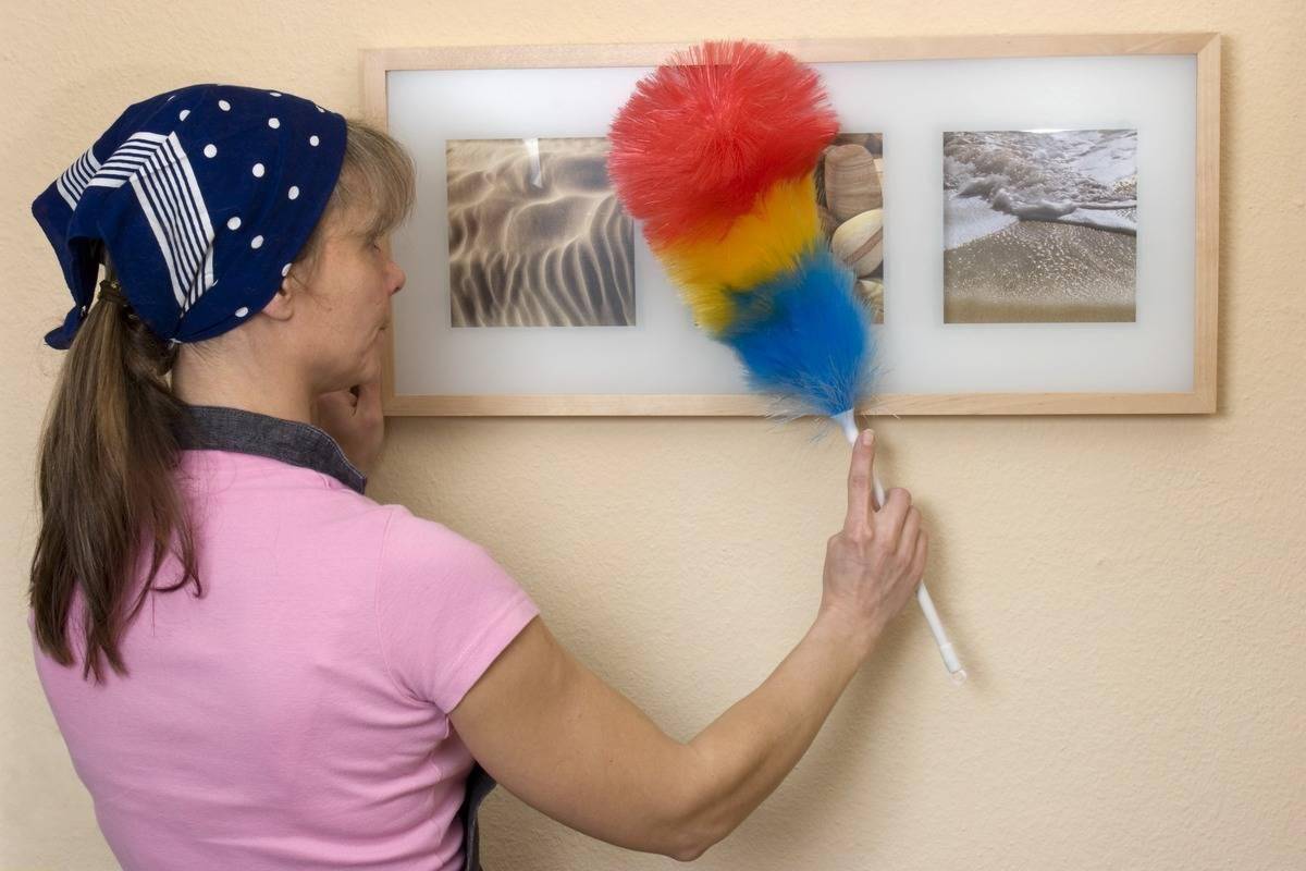 A woman dusts a picture frame with a feather duster.