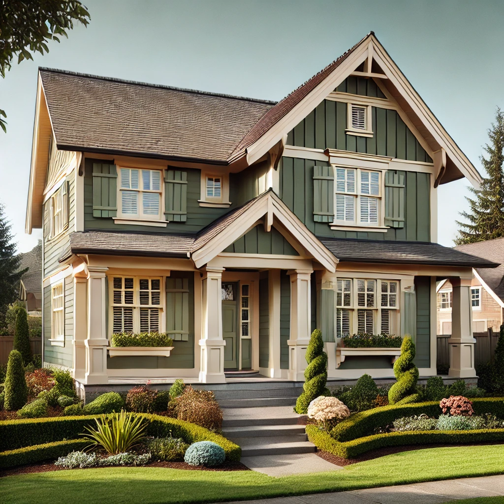 Green house with white trim.