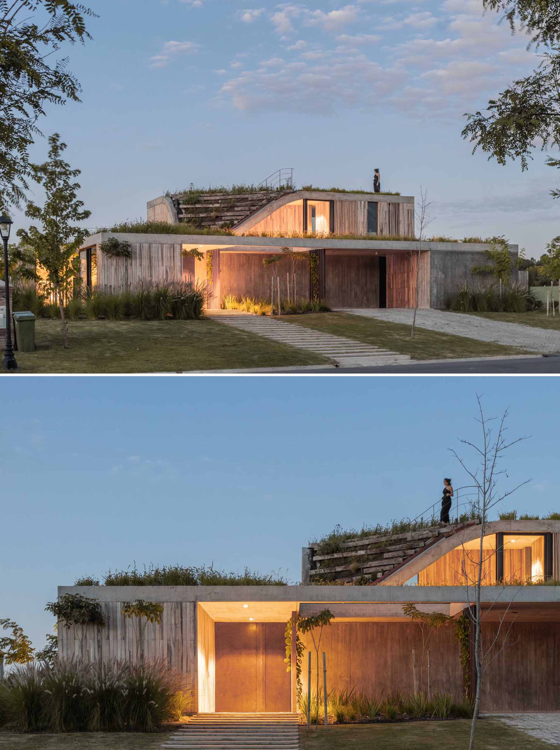 A modern home with a green roof also features a material palette of concrete and wood.