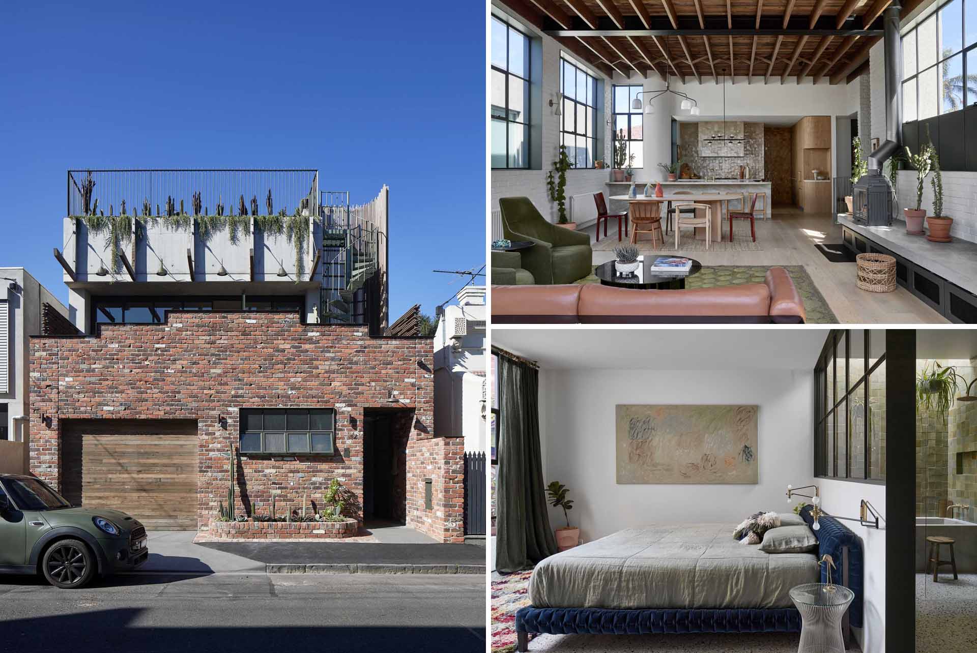 A contemporary warehouse-inspired townhouse has a red brick single-storey facade that rises in steps towards the centre, with its pediment topped with a ribbon of steel, concealing the terrace behind. 